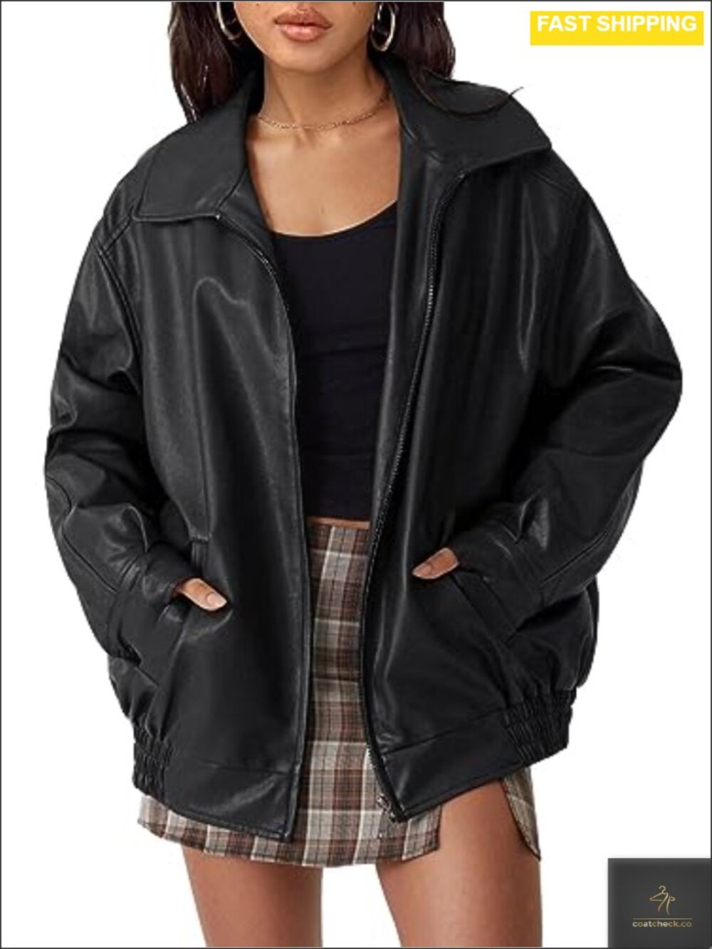 Oversized Faux Leather Moto Jacket Water Resistant Fall Winter Zip Up